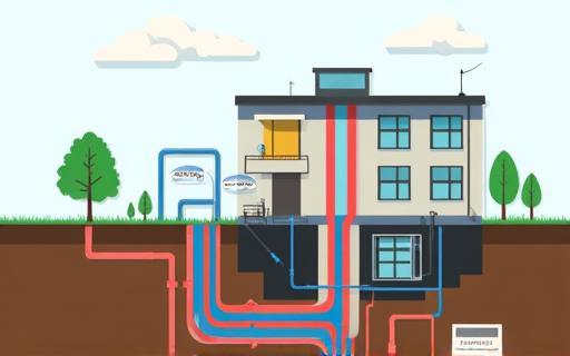Stylized diagram illustrating the loops of a geothermal heating and cooling system underground and in a building